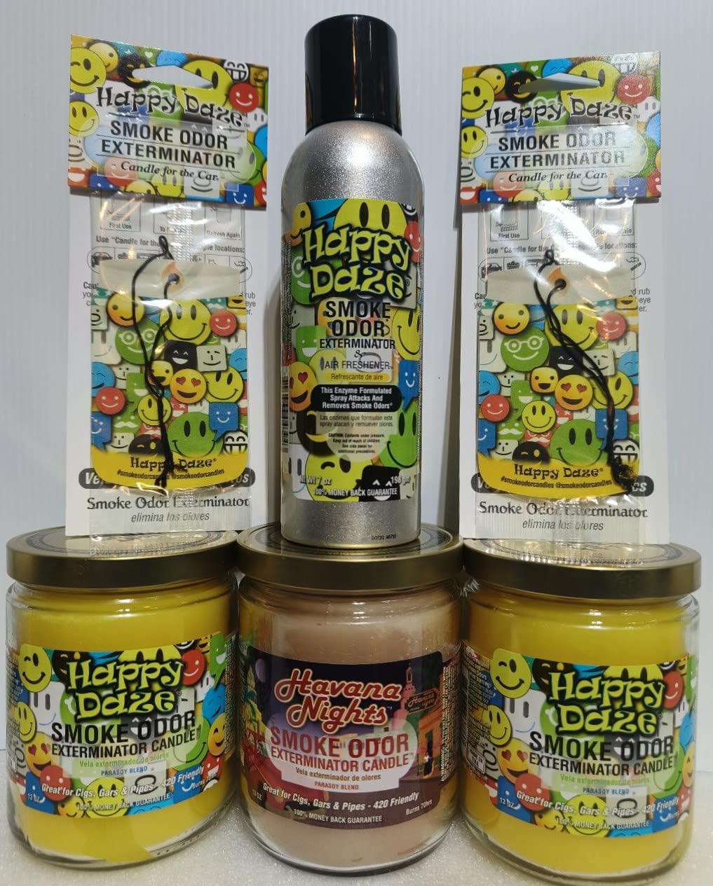 Smoke odor Exterminator Happy Daze, Includes Two 13 oz Jar Candles of Happy Daze & one Candle of Moon Light one 7 oz Spray & Two Car Hangers All (6) Items in One Bundle.