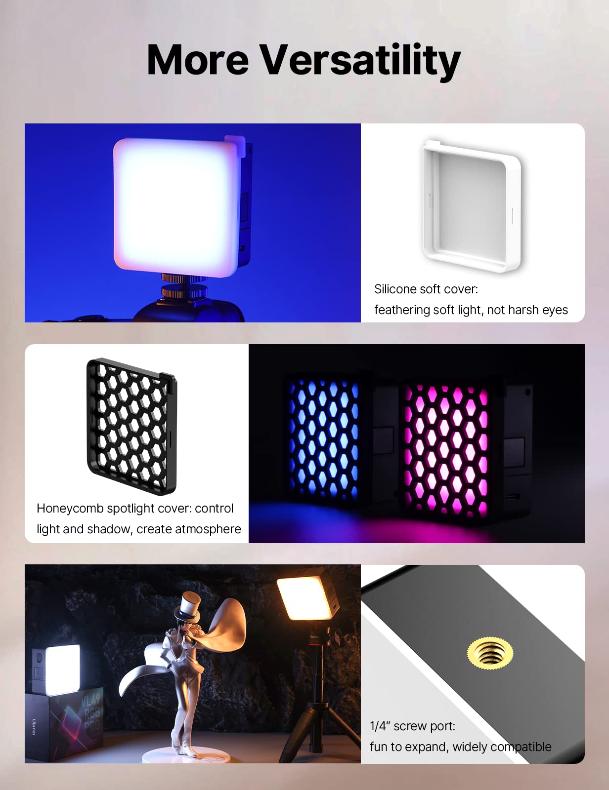 ULANZI VL49 Pro Luce Video RGB, Luce Led Fotografia con Batteria da 2500mAh, Assorbimento a Magnete, Faretto Fotografico a 360° a Colori con 20 Effetti di Luce Simulata per Fotografia di Prodotti