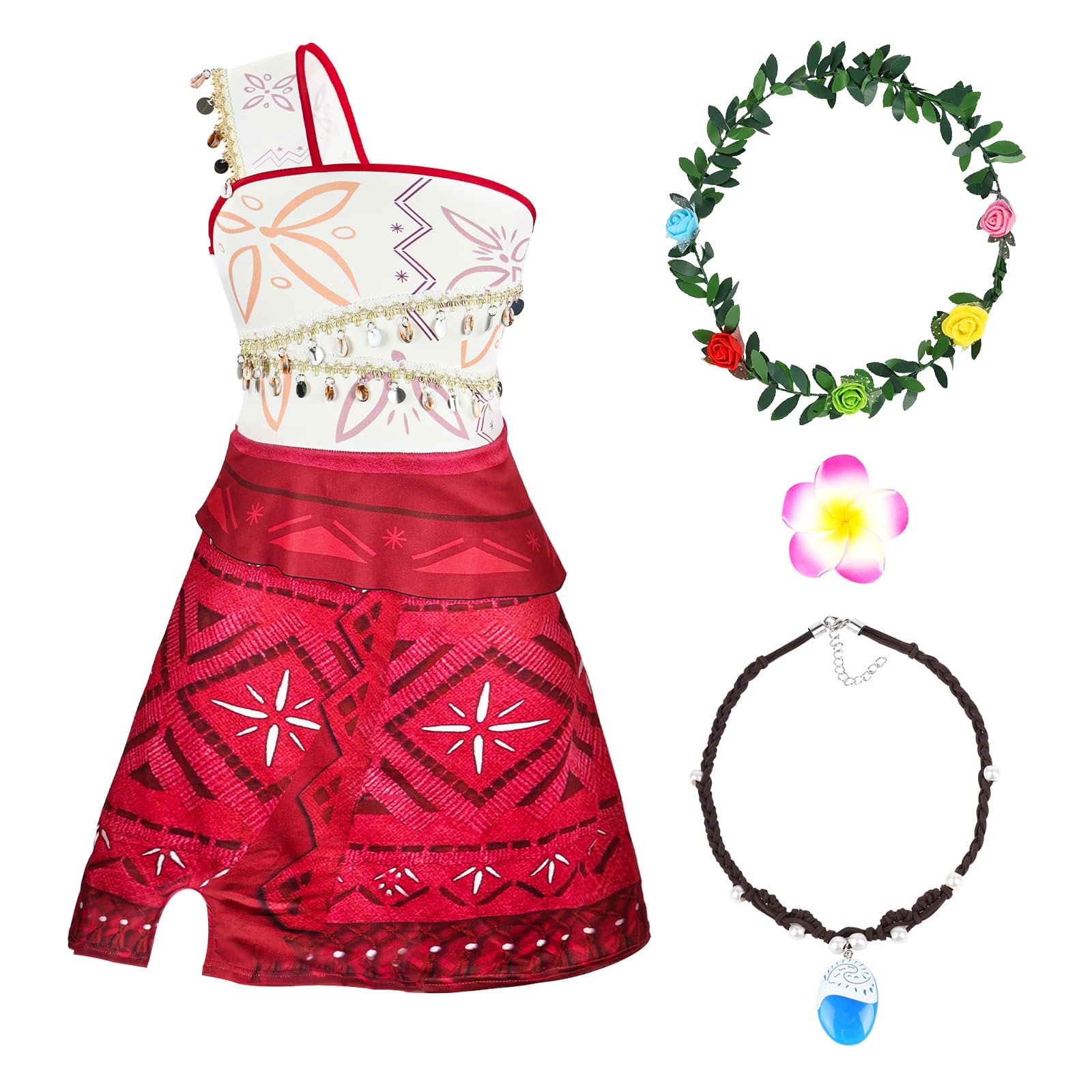 BSBUY Kinder Prinzessin 4Pcs Vaiana Mädchen Kostüm Sommer Kleid Verkleidung mit Zubehör Blumenkrone Halskette Blumenclip Verkleidung Karneval Halloween Geburtstag Girls Prinzessin Dress Up (150)