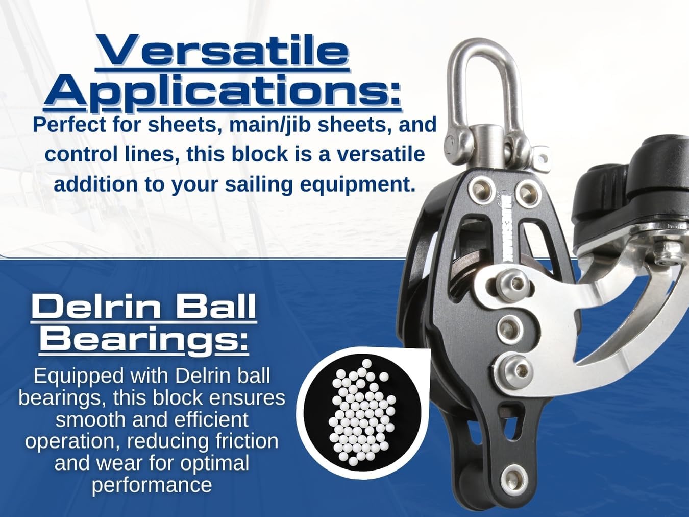 Blue Shark 2263-38 mm Single Swivel Becket Adjustable Cam Aluminum Sailing Block - Max Line: 1/4" (10 mm), Safe Working Load (SWL): 900 lbs, Breaking Load: 2200 lbs (2-Pack)