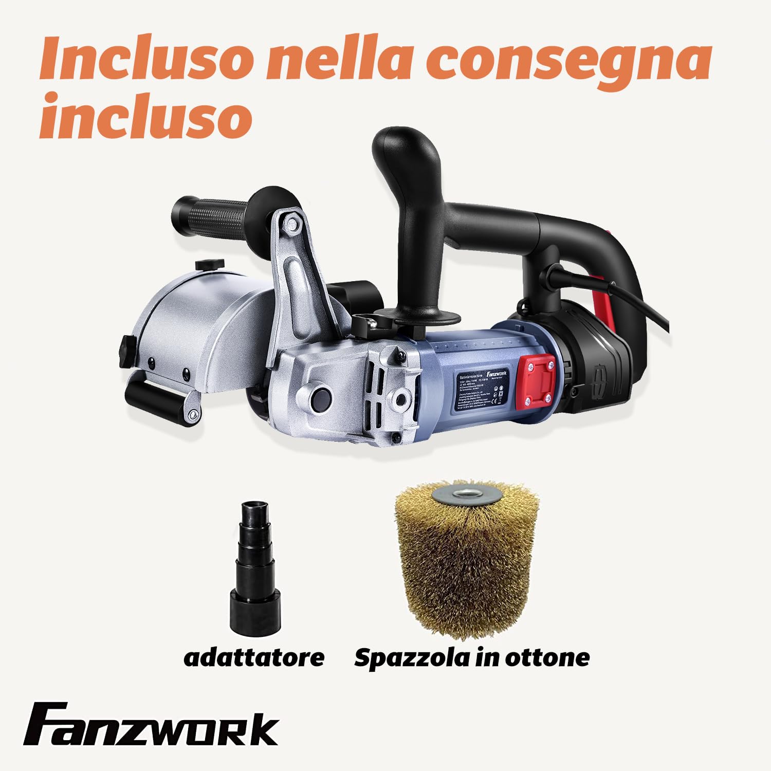 FANZWORK V2 1500 Watt Spazzolatrice per Legno,Smerigliatrice per la Ristrutturazione di Superfici, con 1 Connettore Aspirapolvere, Controllo della Velocità, Impugnatura Sferica, Spazzola in Ottone