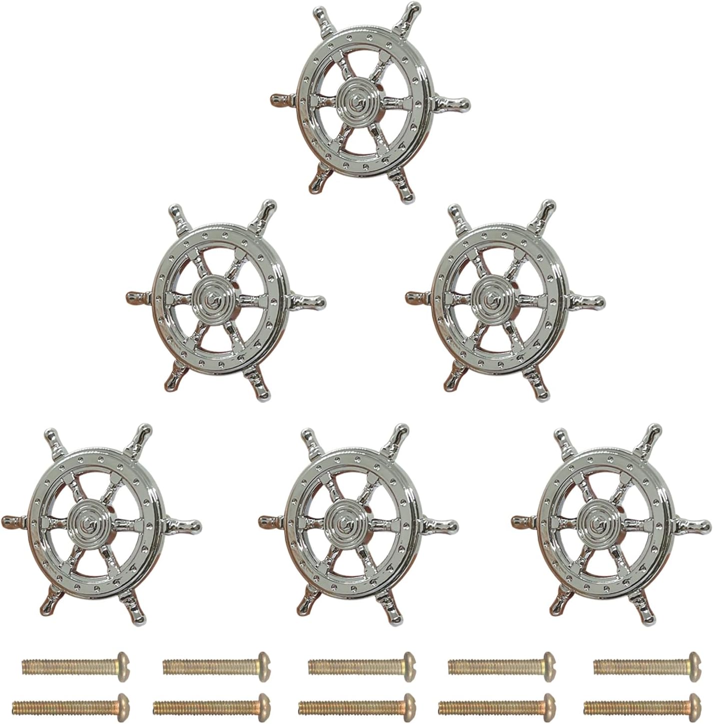 6 pcs Ship Rudder Handles Ship Helm Cabinet Knobs Ocean Theme Knobs Zinc Alloy Handles Dresser Knobs Furniture Door Single Hole Pull Handles (Silvery)