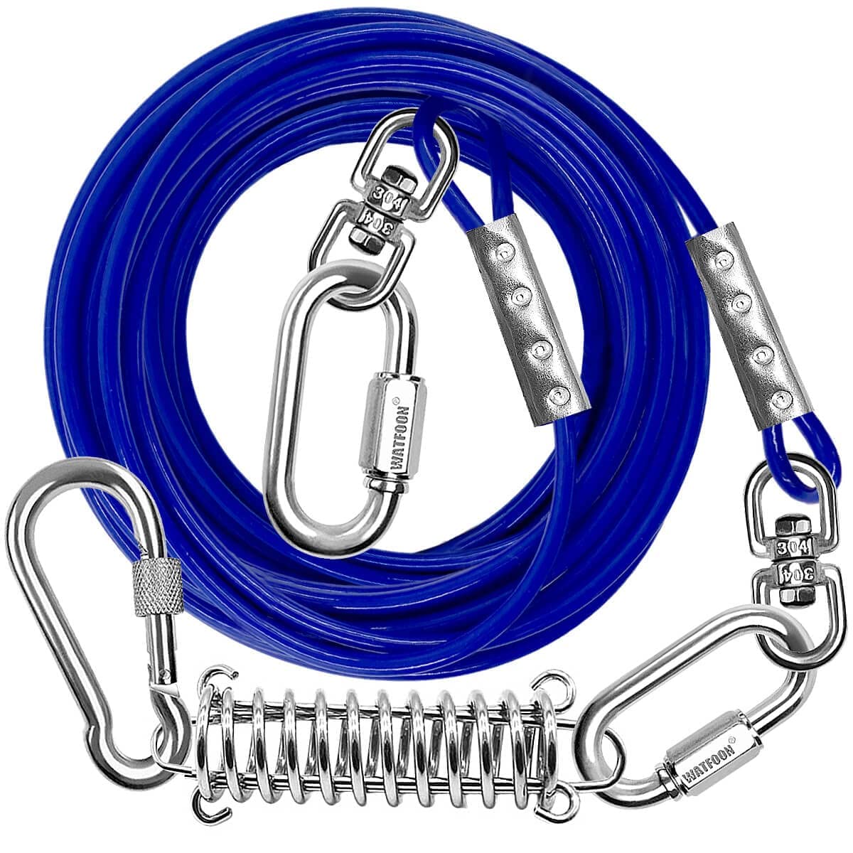 WATFOONDog Tie Out Cable with Spring, Heavy Duty Dog Runner for Yard Camping Traning, 65ft/100ft Dog Run Leash for Outside,Steel Wire Rope Dog Tie Out Lead for Dogs Up to 300lbs (Blue, 65ft)