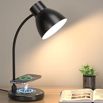 LED Desk Lamp with Wireless Charger, 3 Color Modes, Dimmable, Eye-Caring Study Light, Black