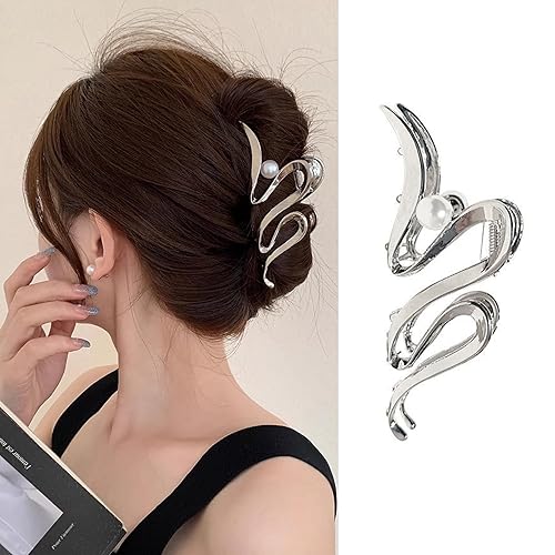 Pinzas para el cabello irregulares plateadas, pinzas de metal para el cabello con diseño de perlas grandes, pinzas de mandíbula para cabello