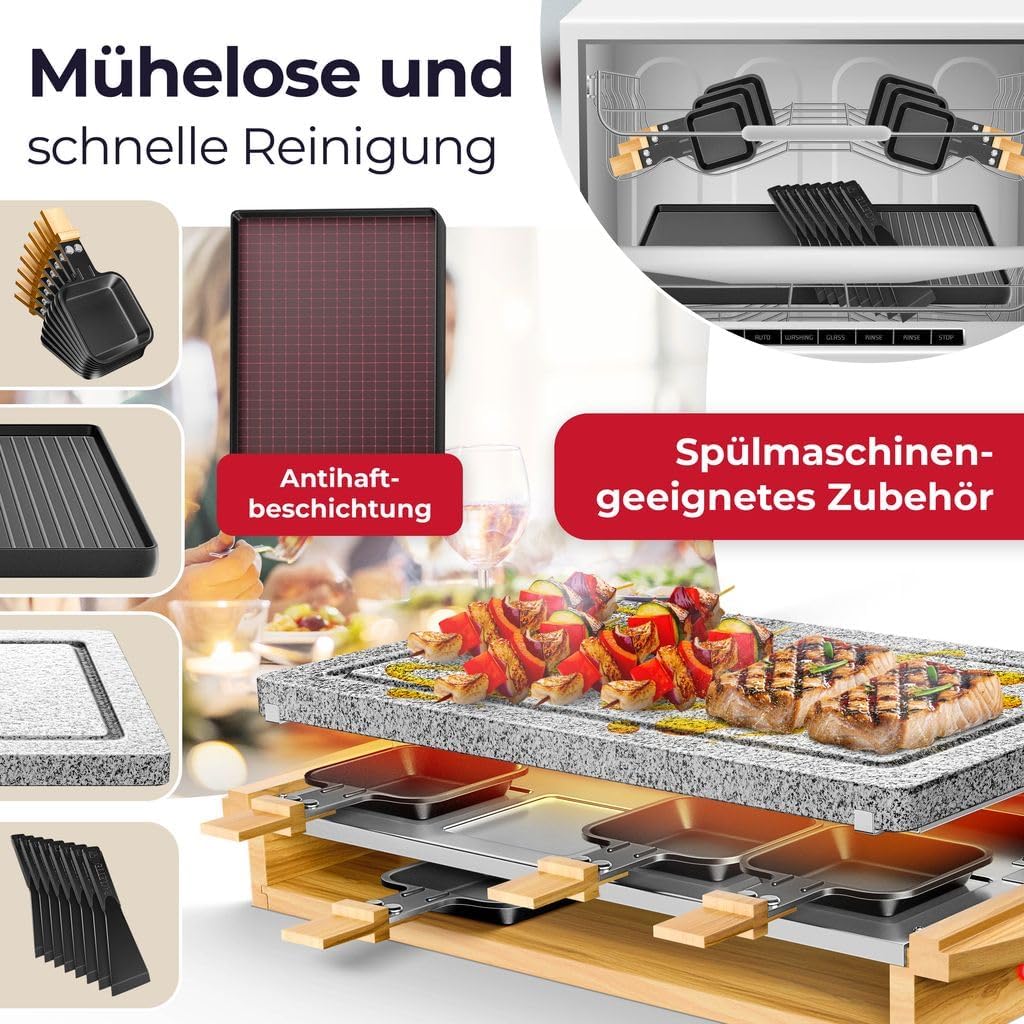 KESSER Raclette Grill with Natural Stone, Table Grill Plate for 8 People, Electric Raclette Grill with Non-Stick Plate, 8 Pots and Wooden Spatula 1200W