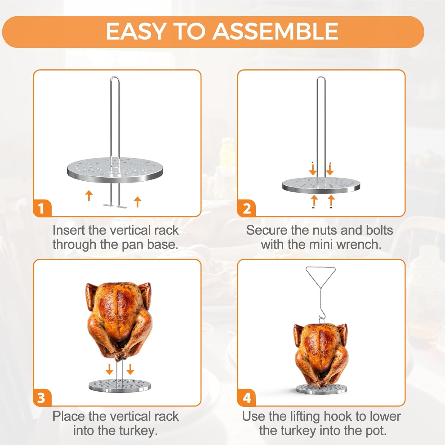 Stainless Steel Turkey Fryer Stand Kit, Turkey Chicken Fryer Accessory Kit with Heavy Duty Stand, Lifter Hook, Vertical Rack, and Perforated Base for Deep Frying Pot and Outdoor BBQ