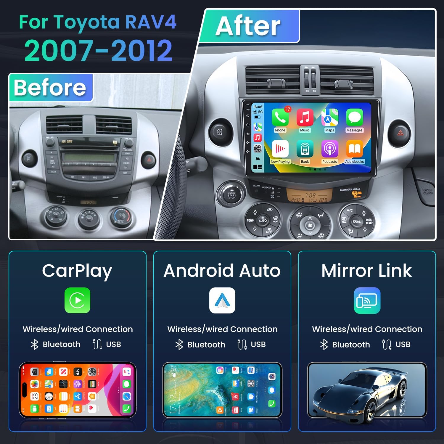 4GRAM + 64ROM Car Radio for Toyota RAV4 2007-2012: Android 13 Stereo with Wireless Carplay Android Auto 9" 1280*800 IPS Touchscreen Head Unit GPS Navigation 5G WiFi Bluetooth5.4 Backup Camera SWC FM