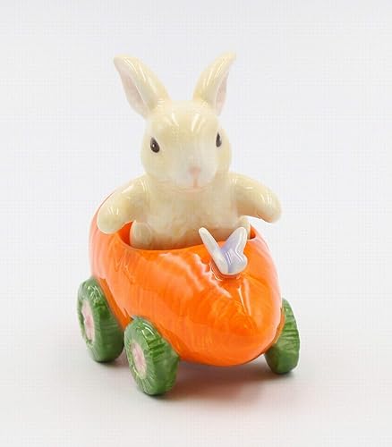 Miniatura 2 de Conejo de cerámica fina en carrito de zanahoria, salero y pimentero, 4 1/4" L