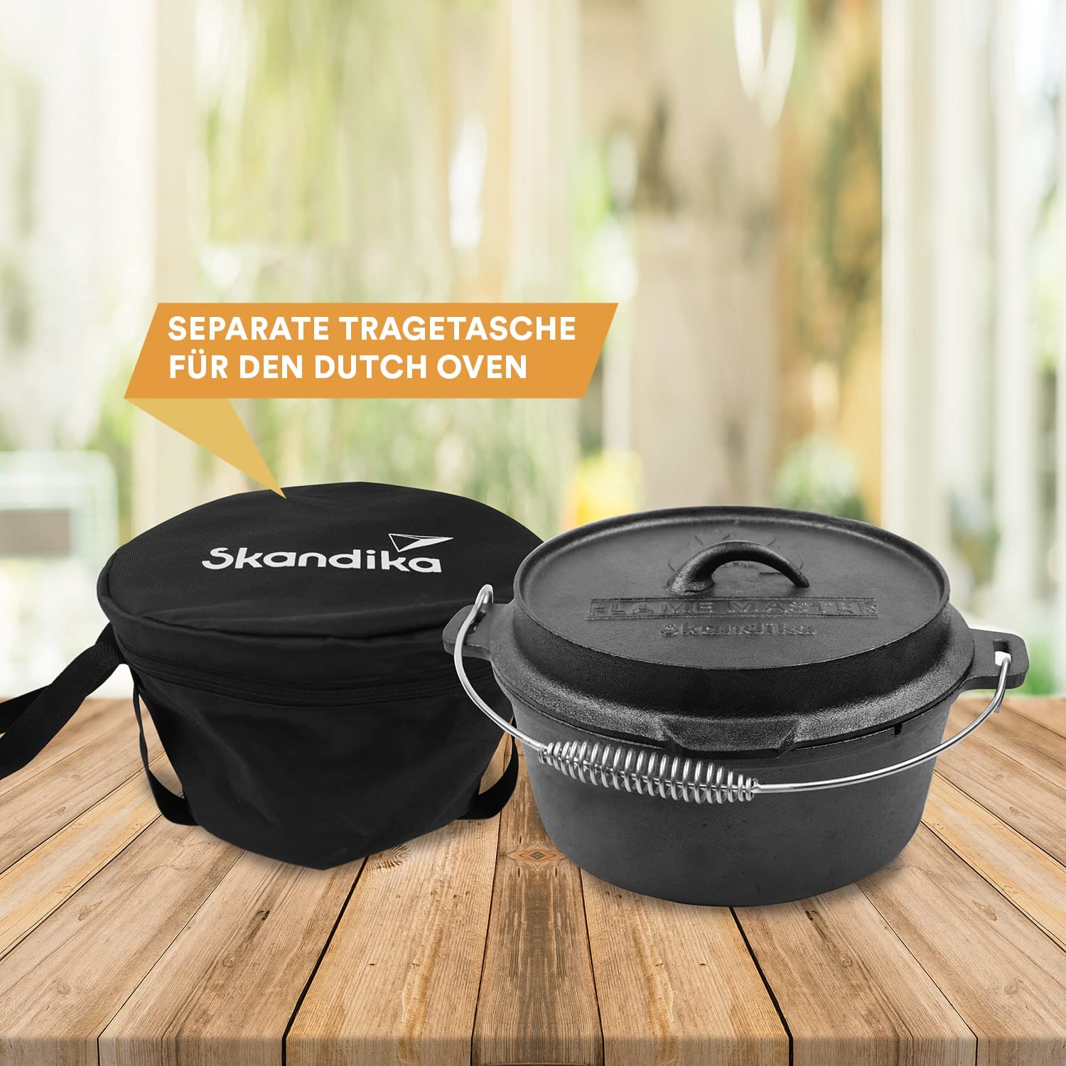 Skandika Dutch Oven Flame Master 5,1-13,8 L | Faitout Marmite en fonte avec couvercle, avec/sans pieds, lève-couvercle et sac | Four hollandais, barbecue, camping (13,8 litres, Sans pieds)