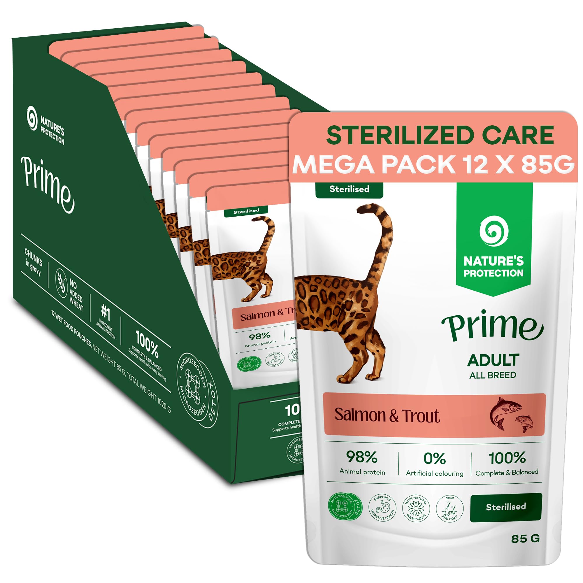 Nature’s Protection Prime Wet Cat Food Pouches for Sterilised Cats, Hypoallergenic Cat Food in Gravy with Salmon and Trout, Urinary Health Support, 12 x 85g