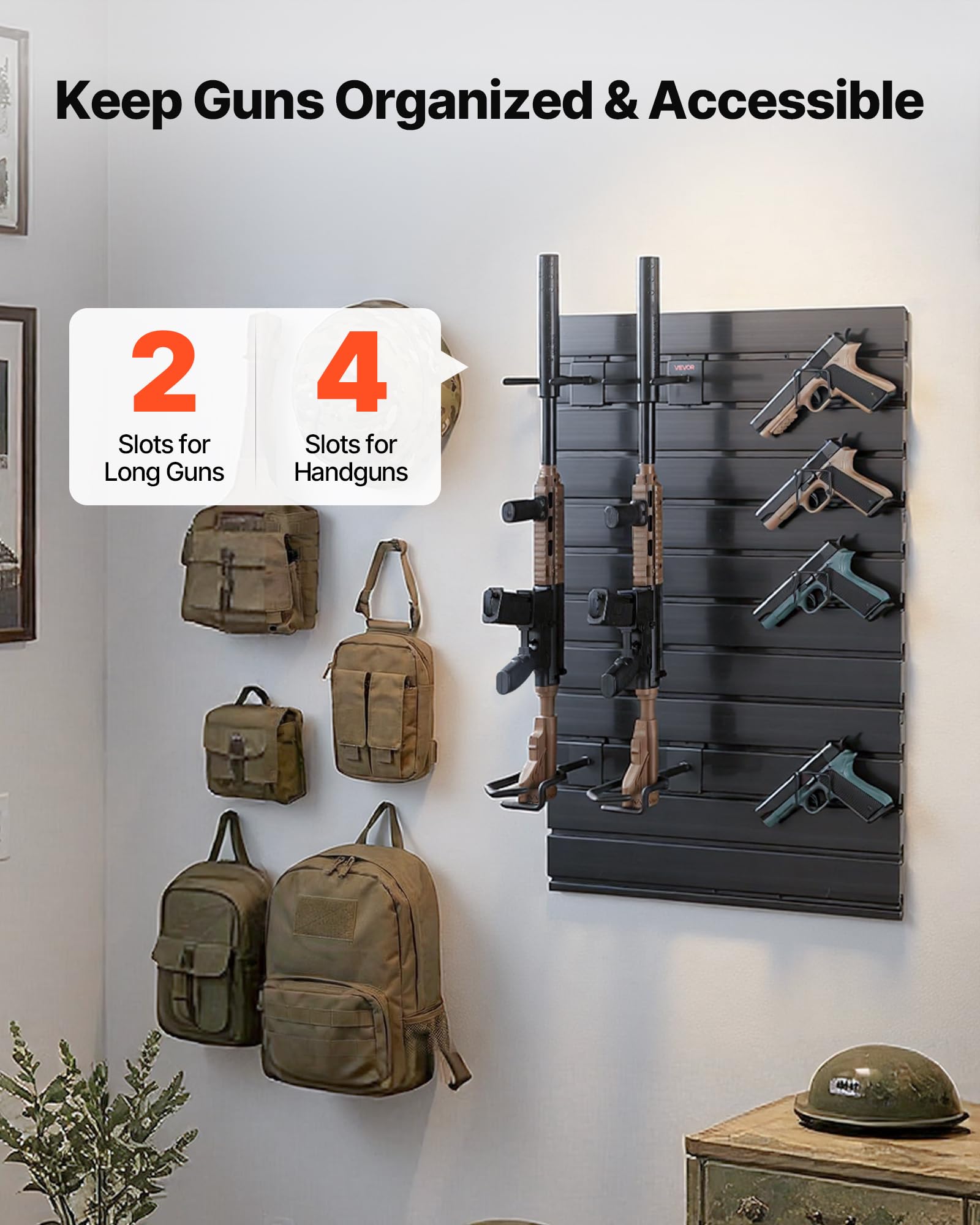 VEVOR Portafucile da Parete Porta Armi da Fuoco da Parete con Ganci Portaoggetti Capienza 2 Fucili 4 Pistole Attrezzatura da Tiro Pannello Portafucili Verticale da Muro Garage Negozio Casa Sala Giochi