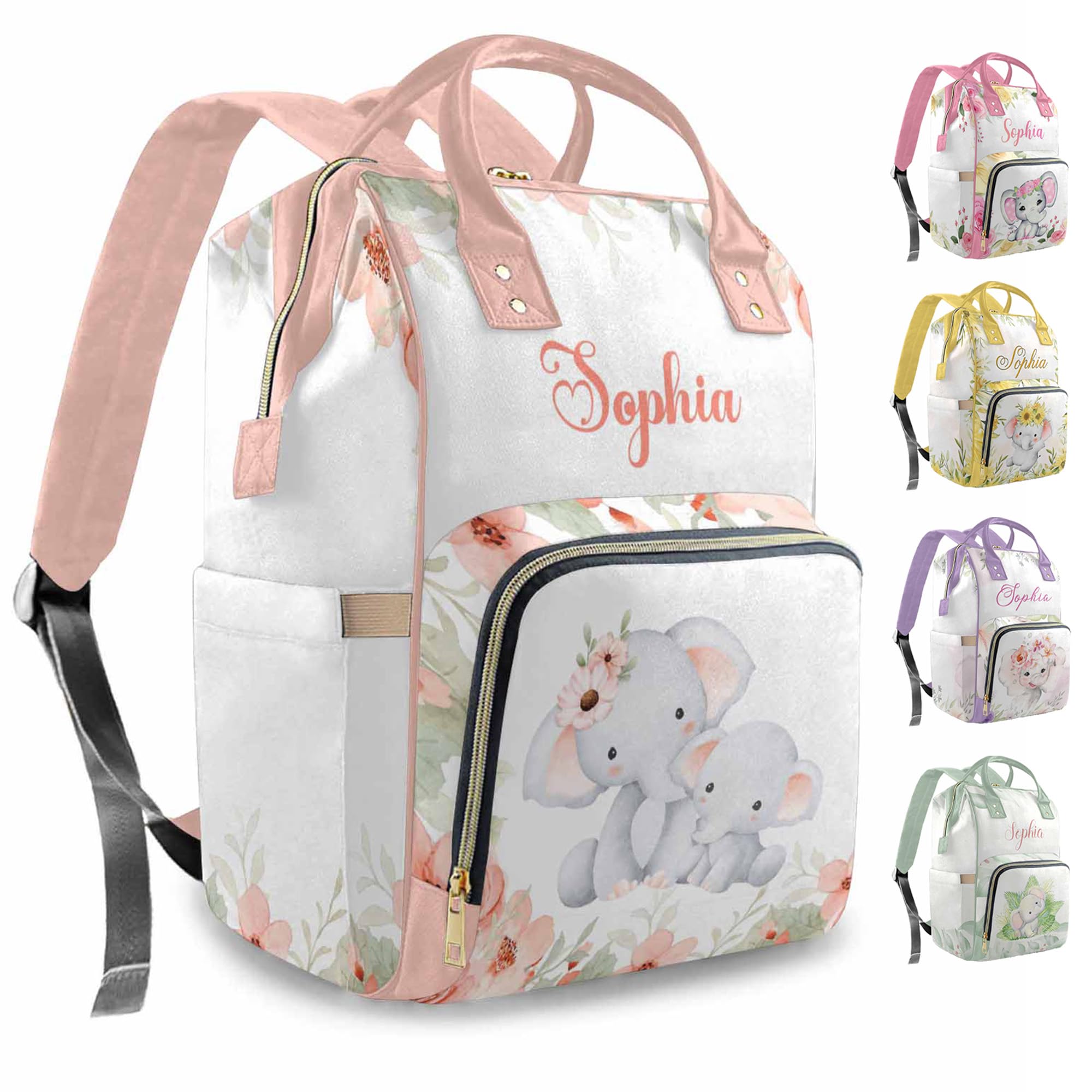 Giftbarn Custom Name Diaper Bag Backpack, Cute Cartoon Elephant Shoulder Daypack, Mom Bags for Everyday, Outdoor Travel Back Pack for New Moms Dads