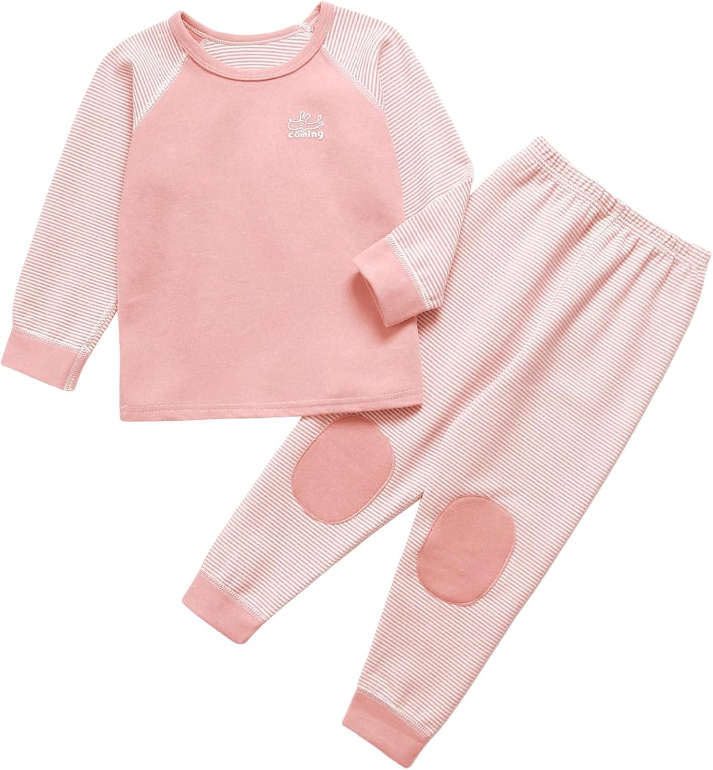 Kids Striped Long Thermal Underwear Set Boys Girls Long Sleeve Base Layers Top and Padded Kneelet Bottoms Set