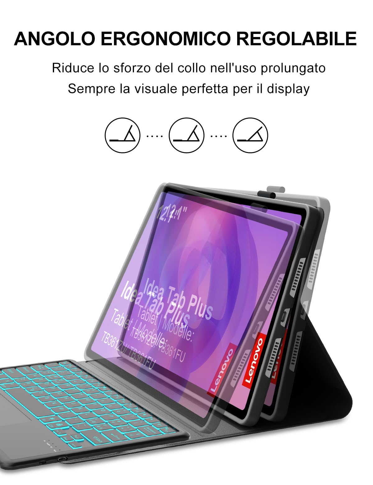 Cover con Tastiera per Lenovo Idea Tab Plus 12.1" (2025) & Tab K12 12.1" TB361FU/TB361ZU, Italiano, Con Retroilluminazione 7 Colori e Touchpad, Bluetooth, Fascia Penna