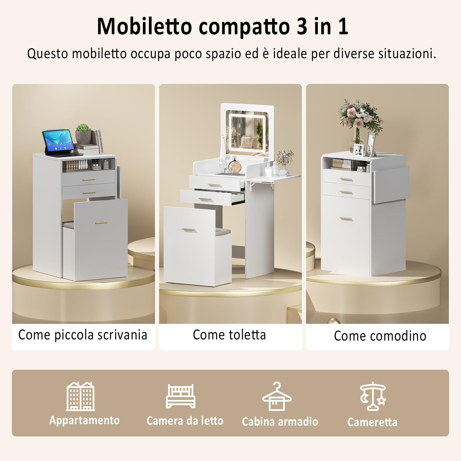 YU YUSING Toeletta 3 in 1 con Specchio LED Ribaltabile, Toeletta Trucco con Sgabello Contenitore, Postazione Trucco, Tavolo Trucco Salvaspazio, 2 Cassetti e Ripiano in Vetro, Bianca