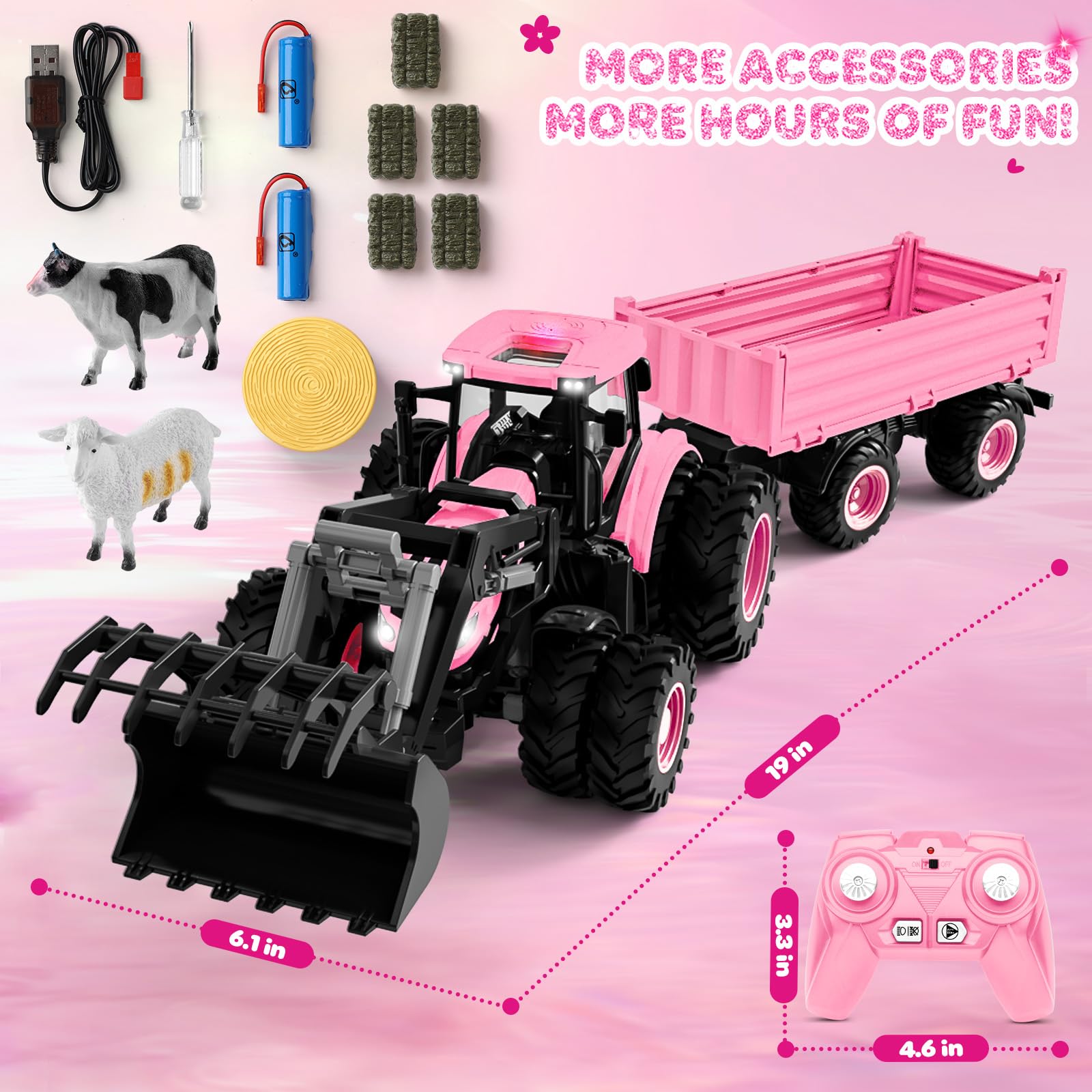 Tractor de juguete a control remoto [2025] Juego de tractor RC para niños y camión y remolque cargador frontal – Cabeza de coche de metal, 8 ruedas/luz, juguetes de vehículos agrícolas para niños de 3 7