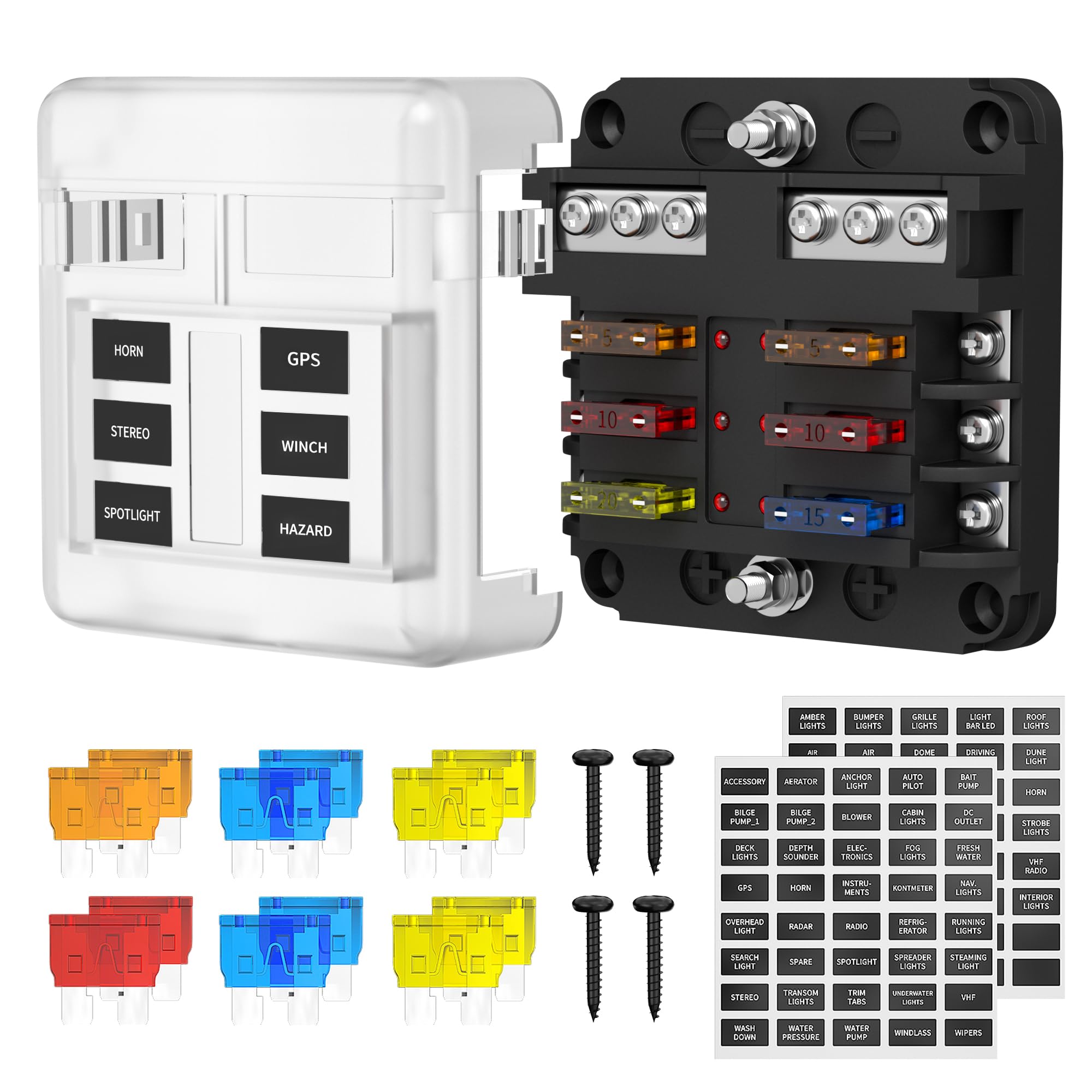 12V Fuse Block 6 Way 12 Volt Fuse Box ATO/ATC Marine Fuse Panel with LED Indicator Light Waterproof 24V for Automotive Boat Car Truck