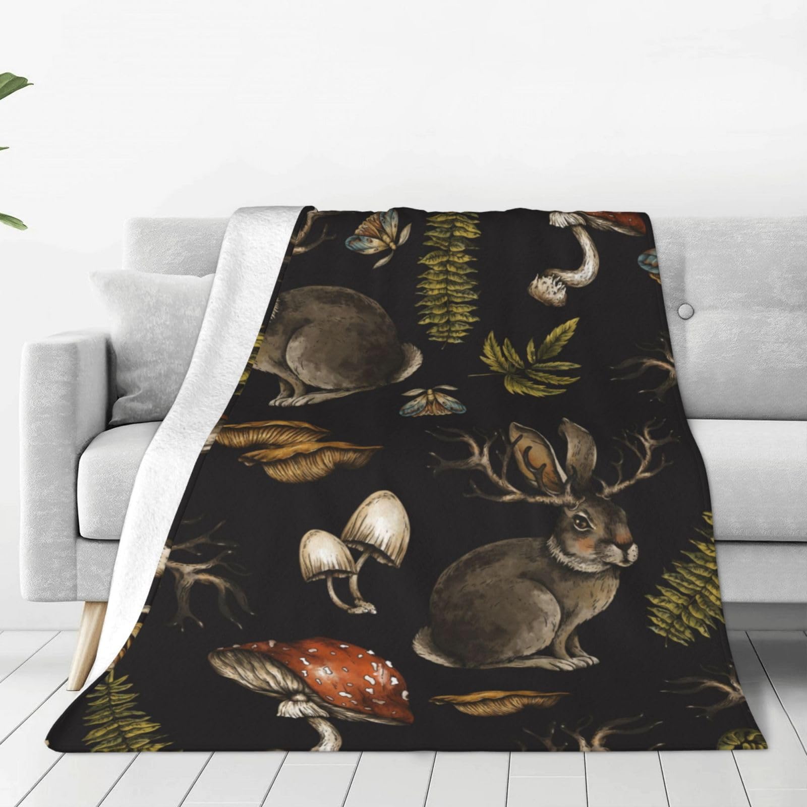 Gearsly Fleece Blanket Throw Fluffy - Mushroom Mystical Hare Fern Moth Versatile Soft Warm Blankets Throws for Bed Double Size,Cozy Flannel Twin Blanket for Sofa Couch Gift 130x150cm