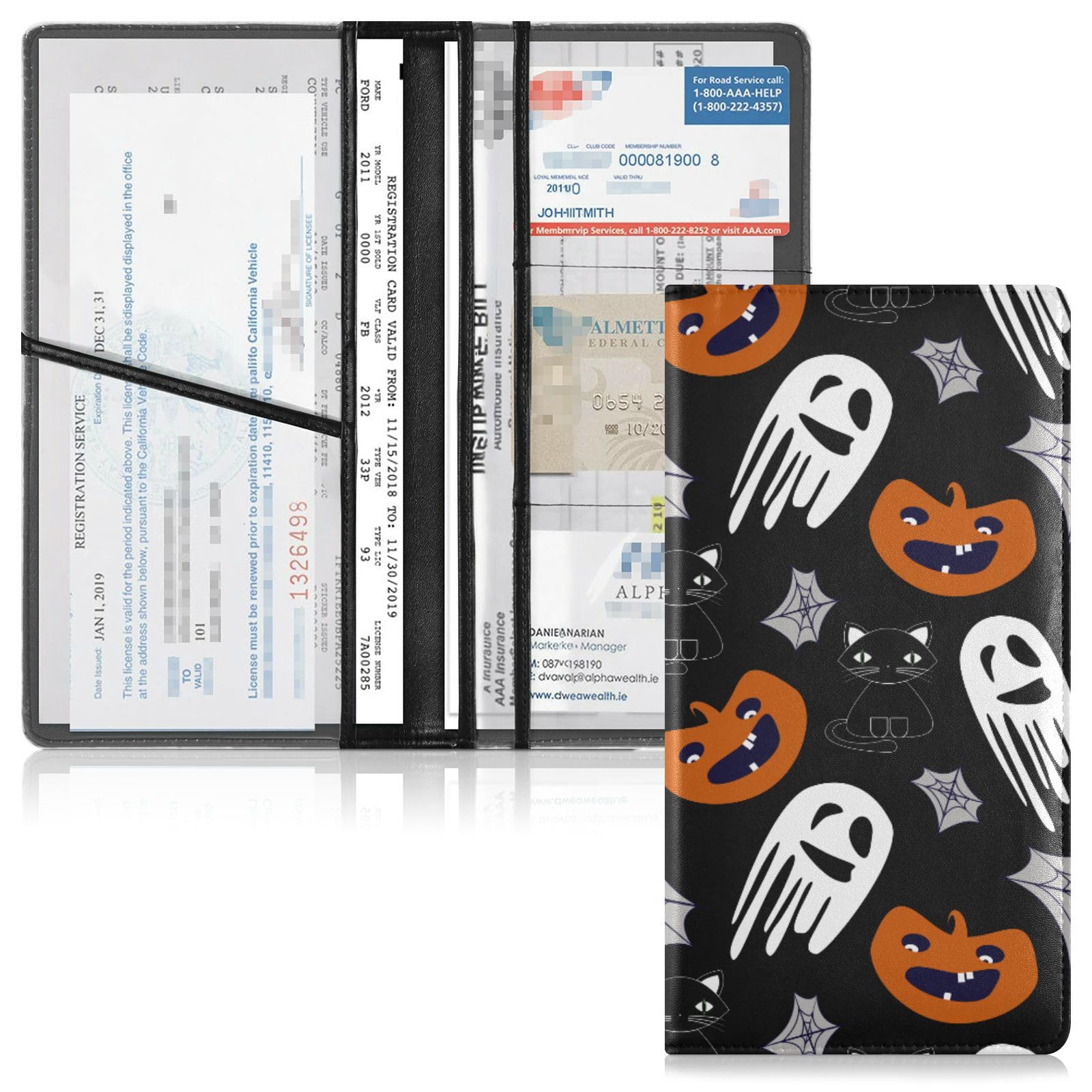 Car Registration and Insurance Card Holder Halloween Spooky Ghost Pumpkins Leather Glove Box Organize Men Women Wallet Accessories Case for Cards, Essential Document Driver License