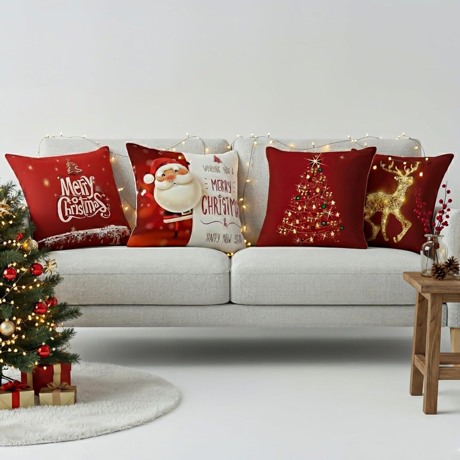 Molten Creek® Christmas Cushion With Printed Pillowcase, Shredded Foam Filling, Eye Catching Holiday Theme, Vibrant Colour, Soft And Breathable, Machine Washable, 45x45cm (4 Covers + 4 inner pads)