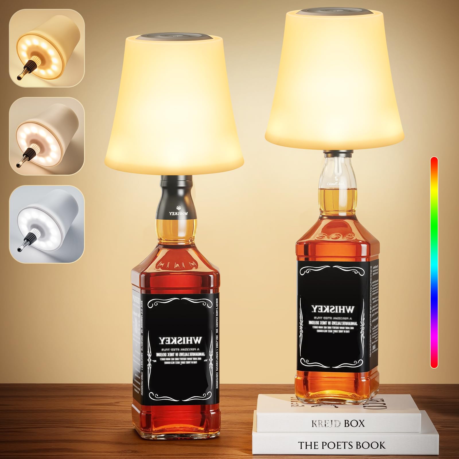 2 Stück LED Flaschenlampe Kabellos, IP54 Aufladbar Akku Flaschenlicht Aufsatz, 3 Farbmodi mit RGB Tischlampe Stufenlose Dimmbare Nachttischlampe für Esszimmer, Wohnzimmer, Schlafzimmer