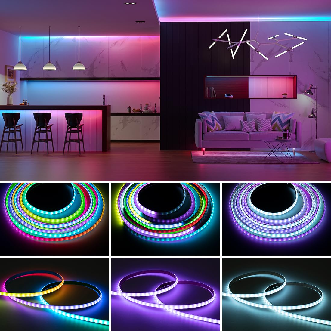BTF-LIGHTING FCOB COB XGB1338(WS2812B) IC RGB 160LED/m 160IC LED Strip DC5V 3.2FT Individual Addressable Flexible High Density Uniform Light Dream Chasing Color 0.19in Width(NO Adapter or Controller)
