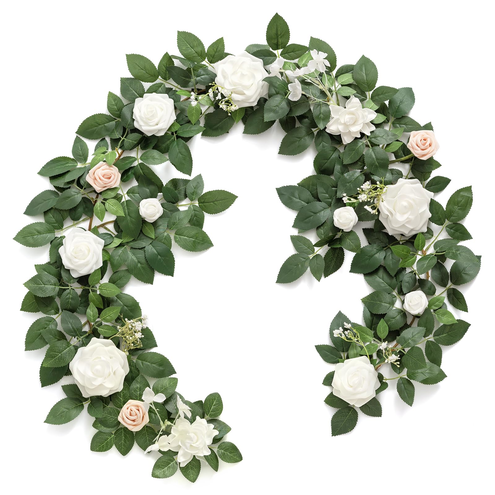 Ling's Moment 5FT weiße künstliche Blume Girlande gefälschte Rose grüne Blätter Blumen Girlande Bogen Blumen Rebe für Hochzeit Party Hintergrund Dekor Kaminsims Home Tisch