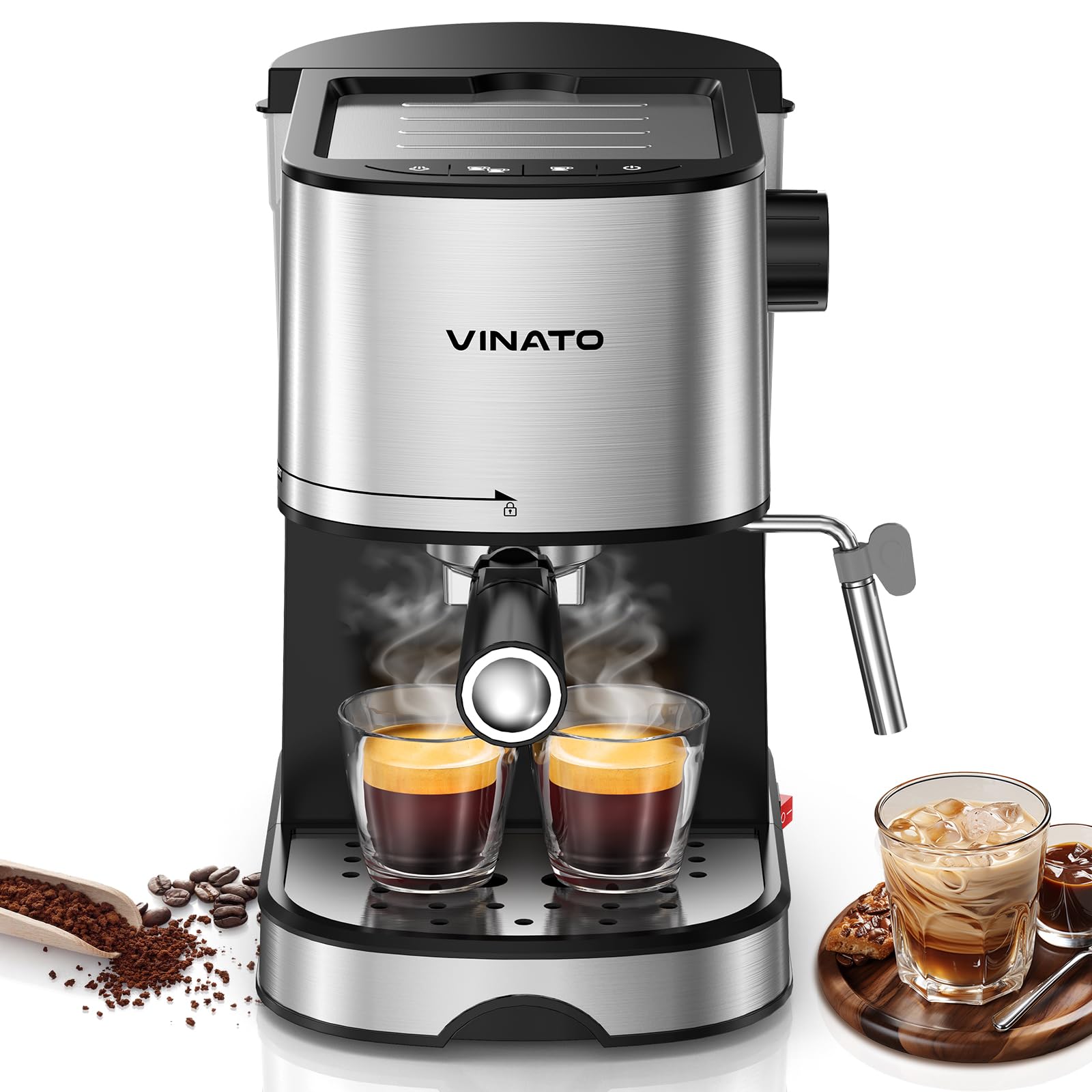 VINATO Macchina Espresso 15 Bar | Montalatte Professionale Integrato | Compatta 17 cm per Cucine Piccole | Doppia Tazza & Riscaldamento Rapido | Cappuccino, Latte, Macchiato - Include 2 Filtri