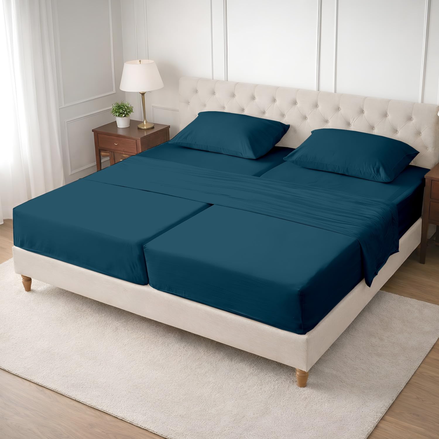 SGI Split King Sheet Set for Adjustable Bed Egyptian Premium Cotton 600 Thread Count Sheets for Sleep Number Bed 15" Deep Pocket 5 Pc Set with 2 Twin XL Fitted Sheets Soft Breathable -Teal