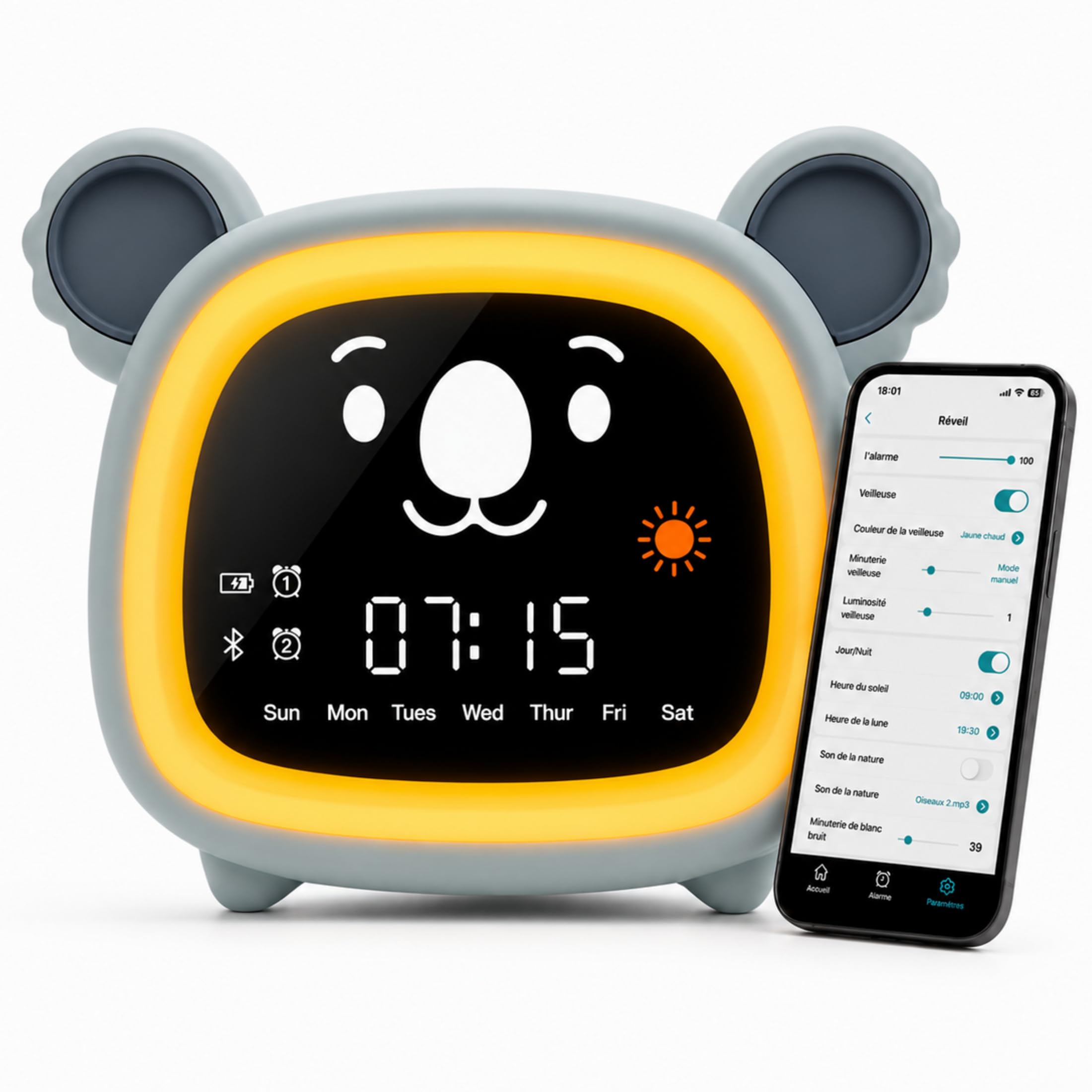 OCTAV - Despertador infantil educativo día/noche, luz nocturna, Bluetooth, aplicación | Musical & Sonido Natural – Luz nocturna LED recargable – Aplicación móvil – Aprendizaje del sueño con sol/luna