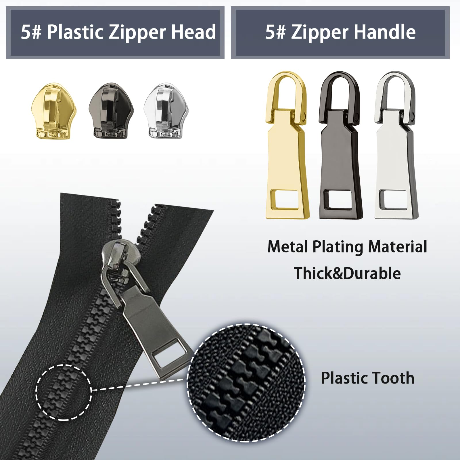 Kit de reparación de cremallera (45 piezas), kit universal de reemplazo de cremallera #5, reemplazo de tirador de cremallera, kit de reparación de cremallera para chaquetas, abrigos, botas, mochilas,