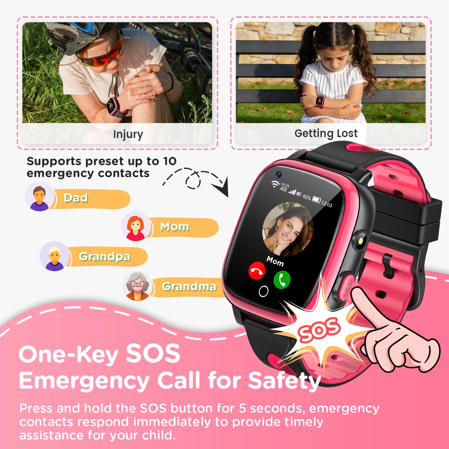 2026 Nuevo 4G Reloj Inteligente Niño con Videollamada & GPS, SOS, Chat de Voz, IP68 Impermeable, Modo Escuela, Podómetro, Despertador, Flashcard, Regalo para Niños y Niñas de 4 a 15 Años Rojo
