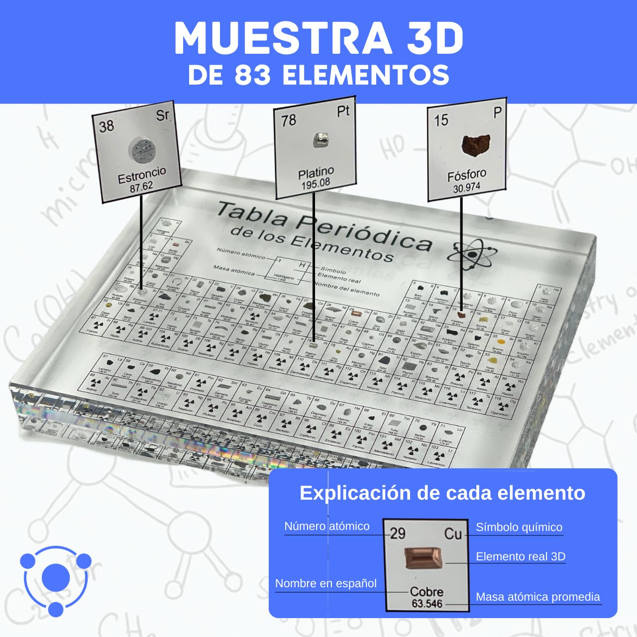 Tabla Periódica en Español Grande con Elementos Reales (21x16x4) - Póster Tabla de los Elementos con Resina Transparente en Castellano - Regalo Química alumnos, profesores, aulas científico (12-XL2)