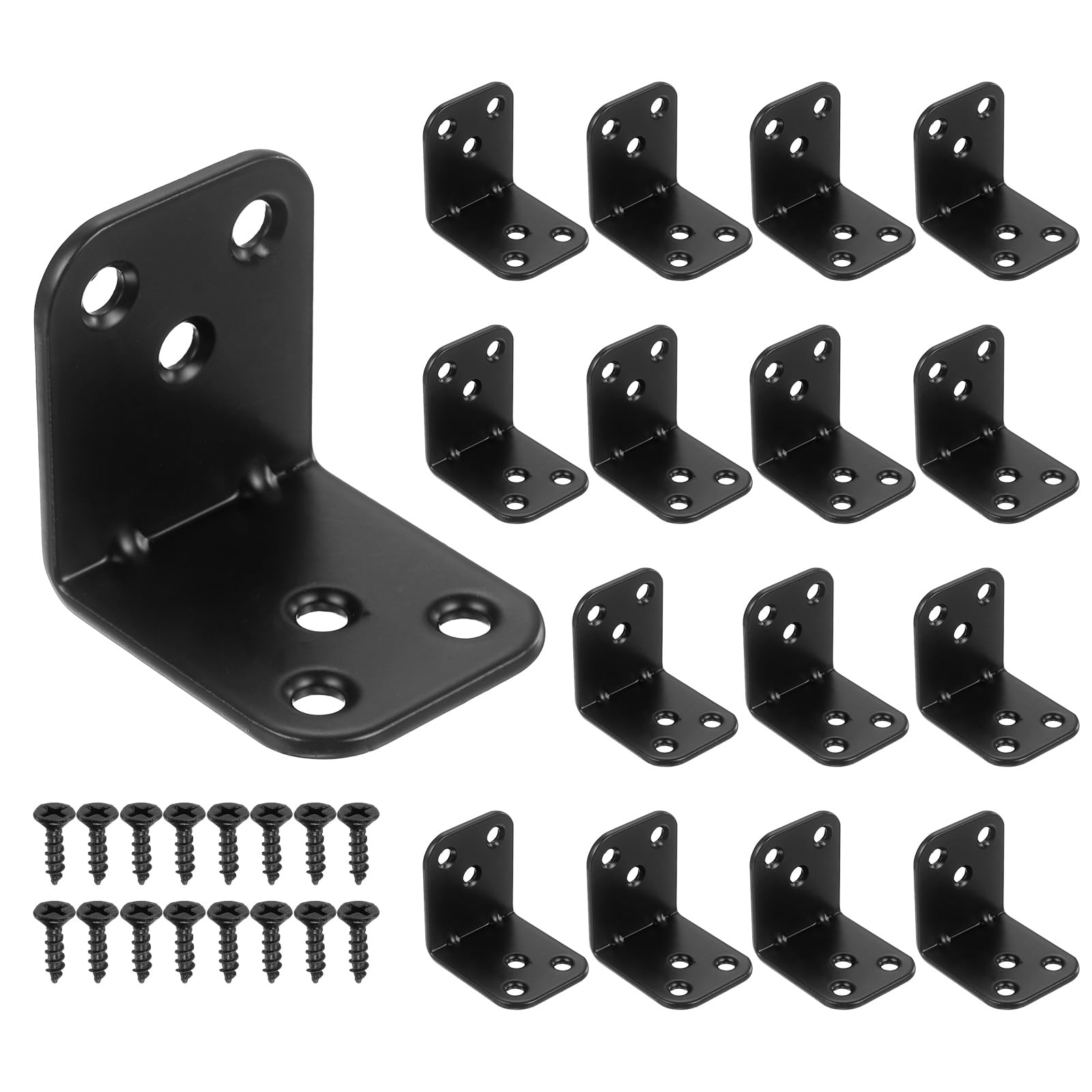 sourcing map 16Pcs L Corner Brackets, 90 Degree Angle Brackets Iron Joint Right Angle Shelf Corner Braces with Screws for Wood Table Chair Cabinets Shelf (1.89"x1.57"x1.89"x0.23, Black)