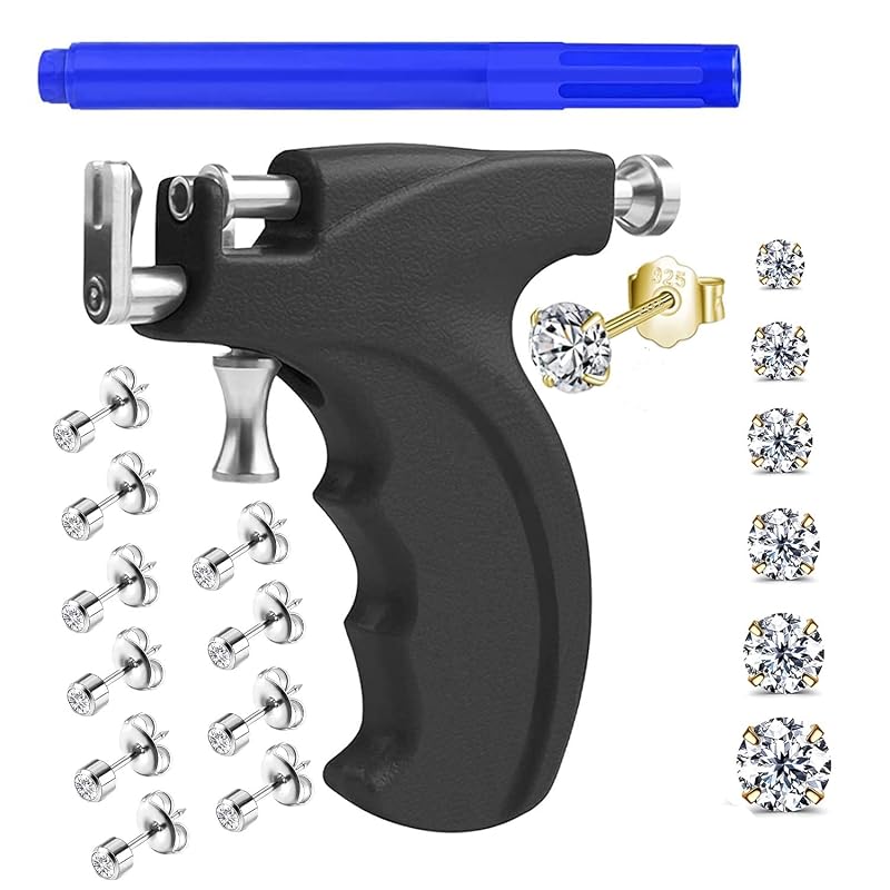 Kit para piercing de orelha kamija com pistola reutilizável, 6 pares de brincos S925 com banho de ouro amarelo 18K e 10 pares de brincos 316L