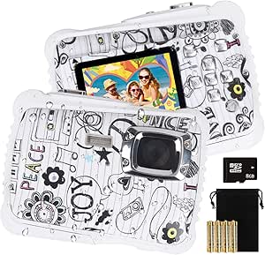 Kids Camera Waterproof Digital Video Camera Underwater Camera for Boys and Girls Age 6-12 with 8G SD Card 1080P 12MP 2020 Upgraded- White