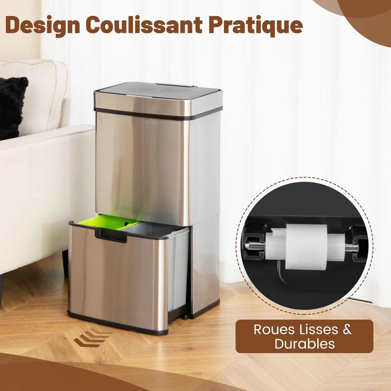 GOPLUS - Cubo de basura para cocina sin contacto, sensor de movimiento inteligente, cubo de reciclaje, cierre lento, para cocina, 42 x 32-58 x 84-110 cm