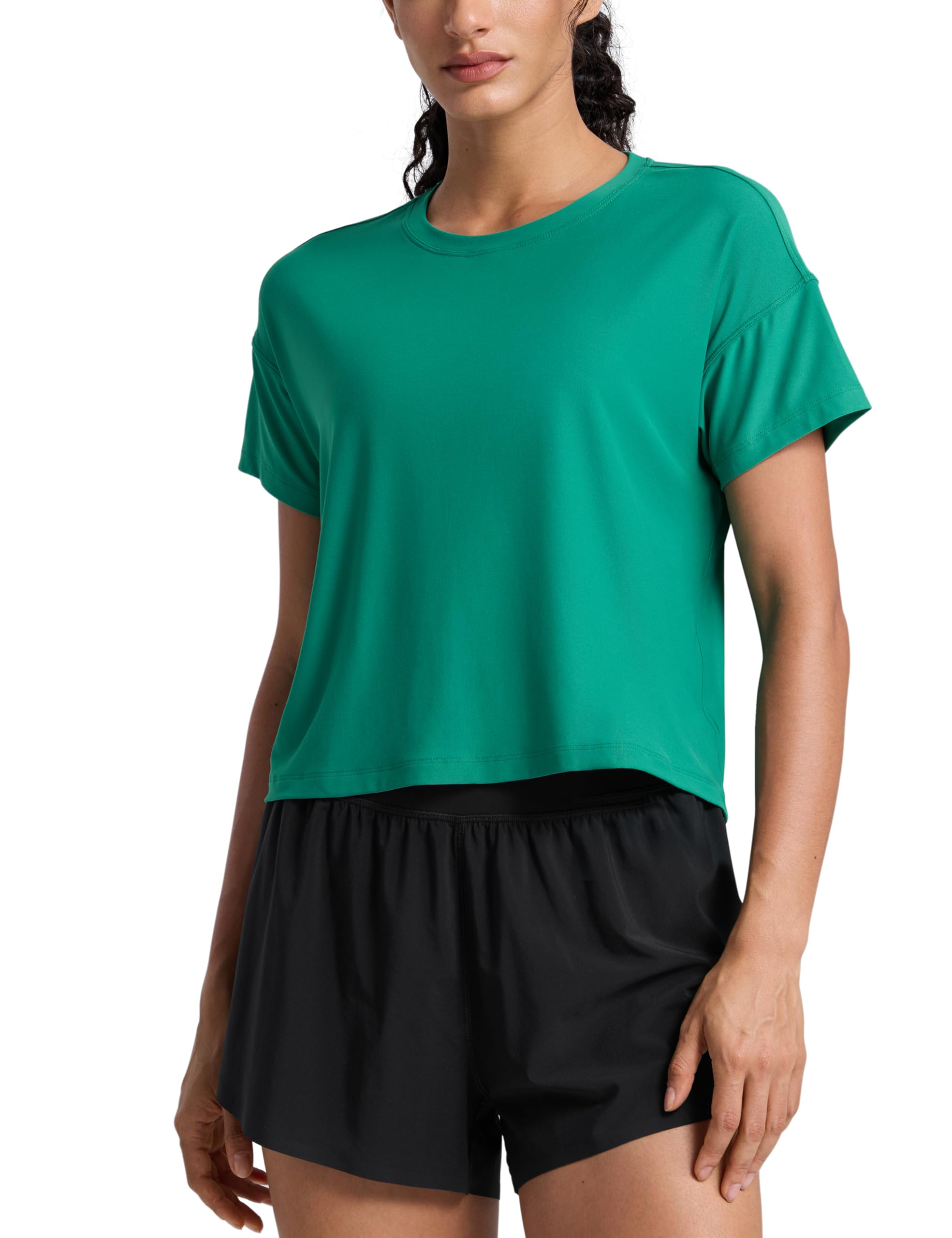 CRZ YOGA Cloudweight High Neck Workout Tops for Women Basic Athletic Lightweight Short Sleeve Shirts Loose Running T-Shirt