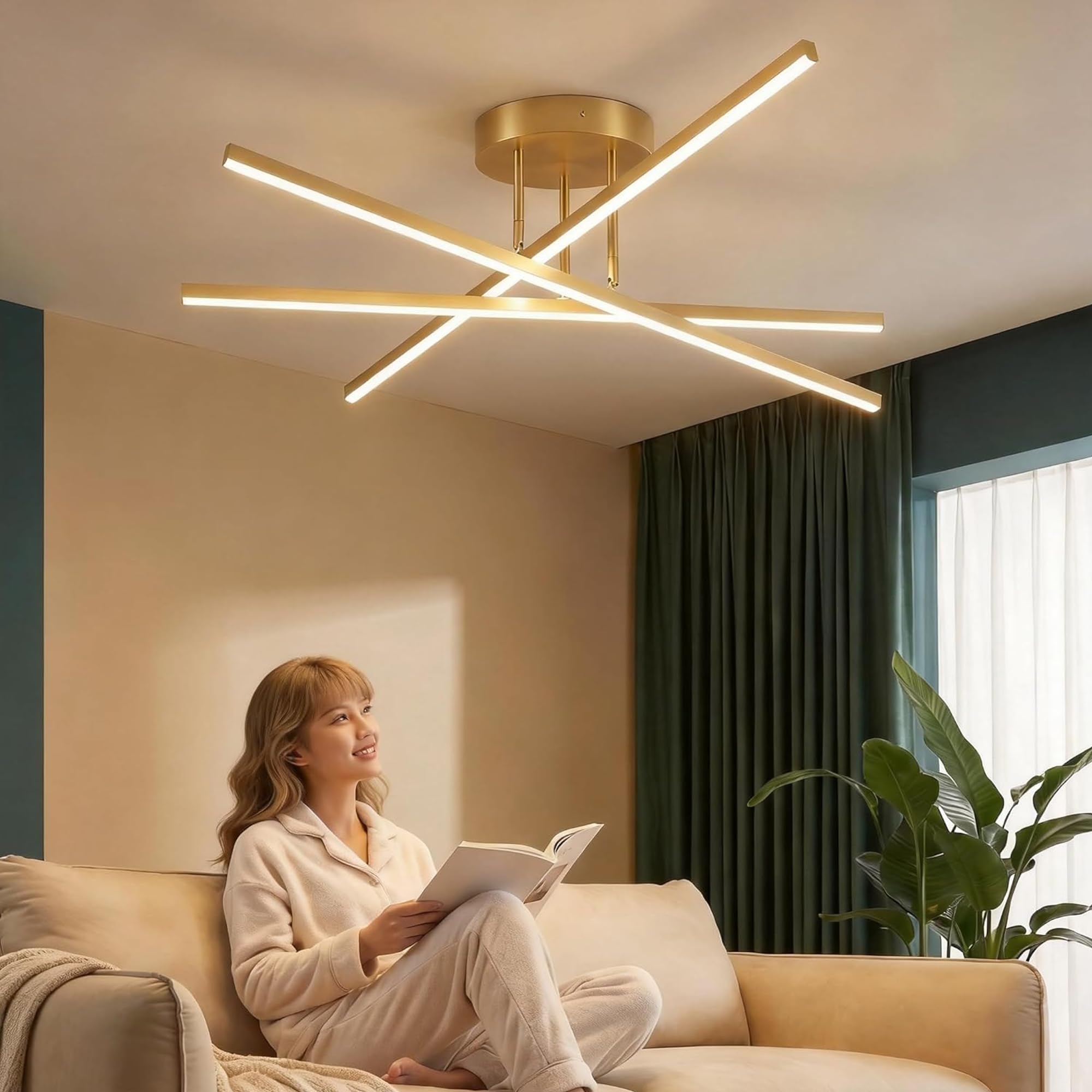 Lámpara de techo LED cruzada 60cm dorada 24W luz blanca cálida 3000K, plafón minimalista 2400lm para salón cocina comedor pasillo oficina