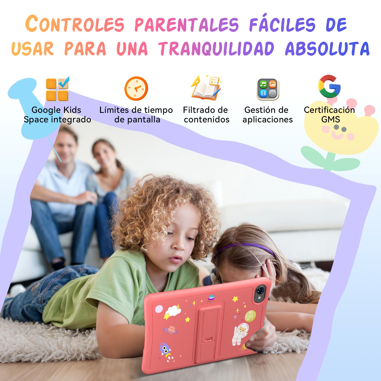 Tablet para Niños 10 Pulgadas, Android 16 Tablet para Niños de 3 a 12 Años, 16GB RAM 64GB ROM/2TB TF, Controles Parentales, GMS, WiFi6, Tablet Infantil con Funda Anticaídas y Lápiz, Garantía de 4 años