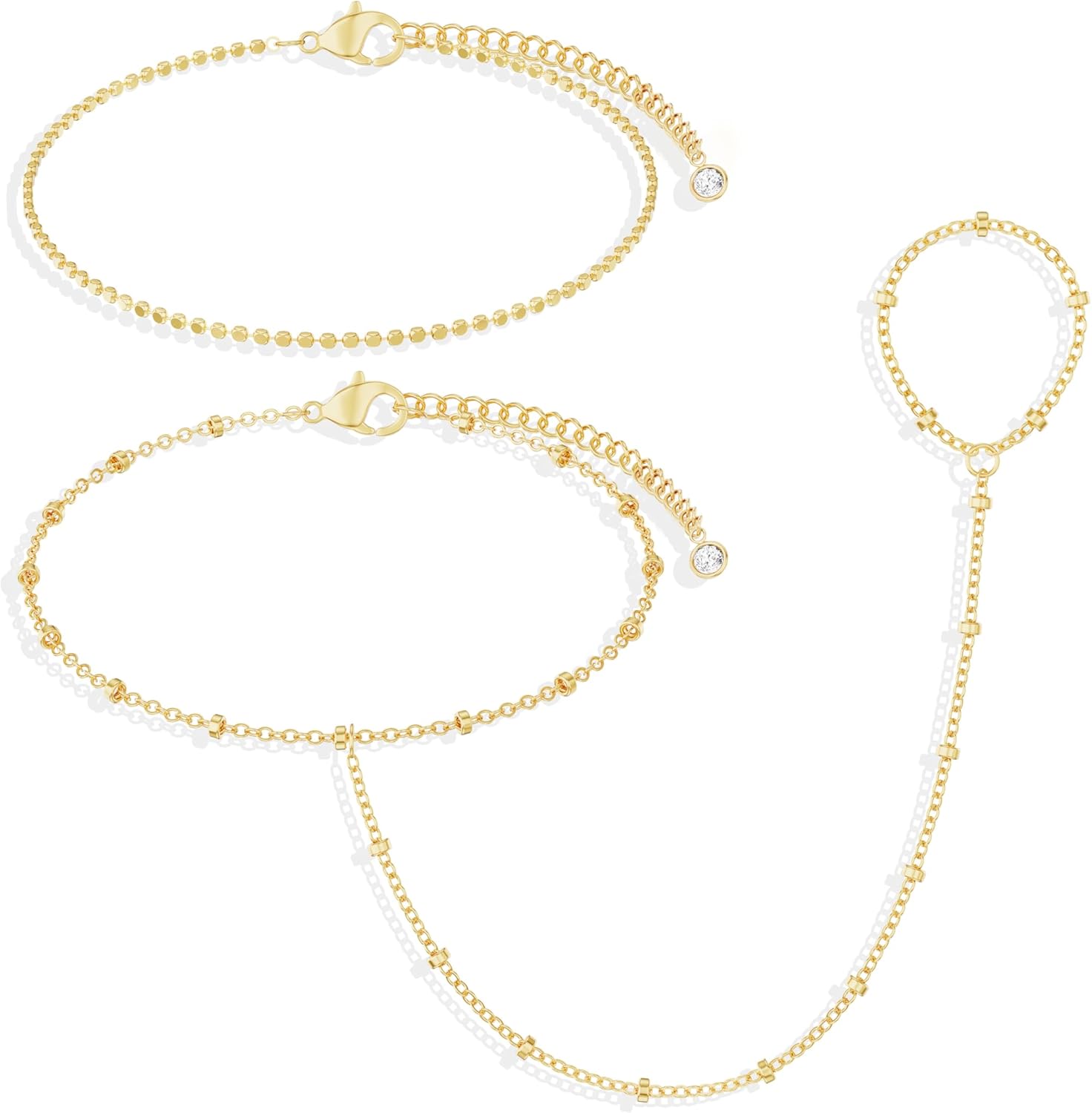 Moodear Gold Bracelet Hand Chain for Women - Dainty 14K Gold Plated/Sterling Silver Plated Layered Adjustable Satellite Bead Dot Link Ring Bracelets Non Tarnish Trendy Jewelry Gift