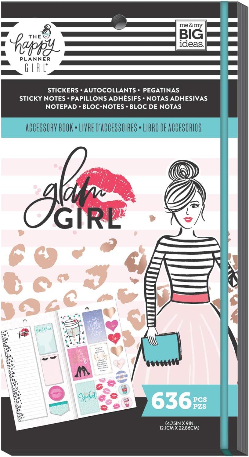 Accessory Book Bundle - The Happy Planner Scrapbooking Supplies - Glam Girl Theme - 4 Sticky Note Pads & 1 ListPad - Multi-Color & Gold Foil Stickers - 20 Sheets, 636 Stickers Total