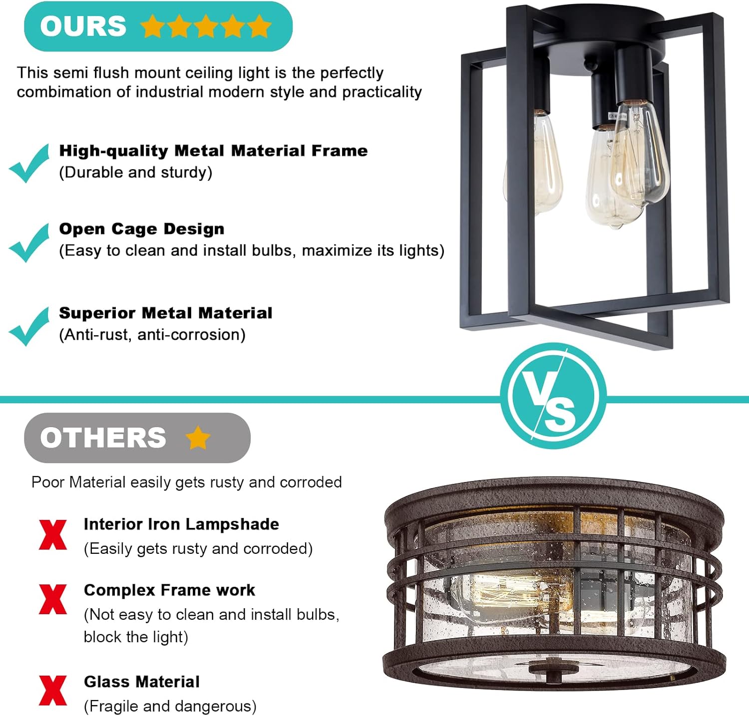 Vintage Square Black Ceiling Light Fixture, 3-Light Industrial Farmhouse Modern Metal Geometric Ceiling Lamp for Living Room, Kitchen, Bedroom, Dining Room, Foyer, Hallway