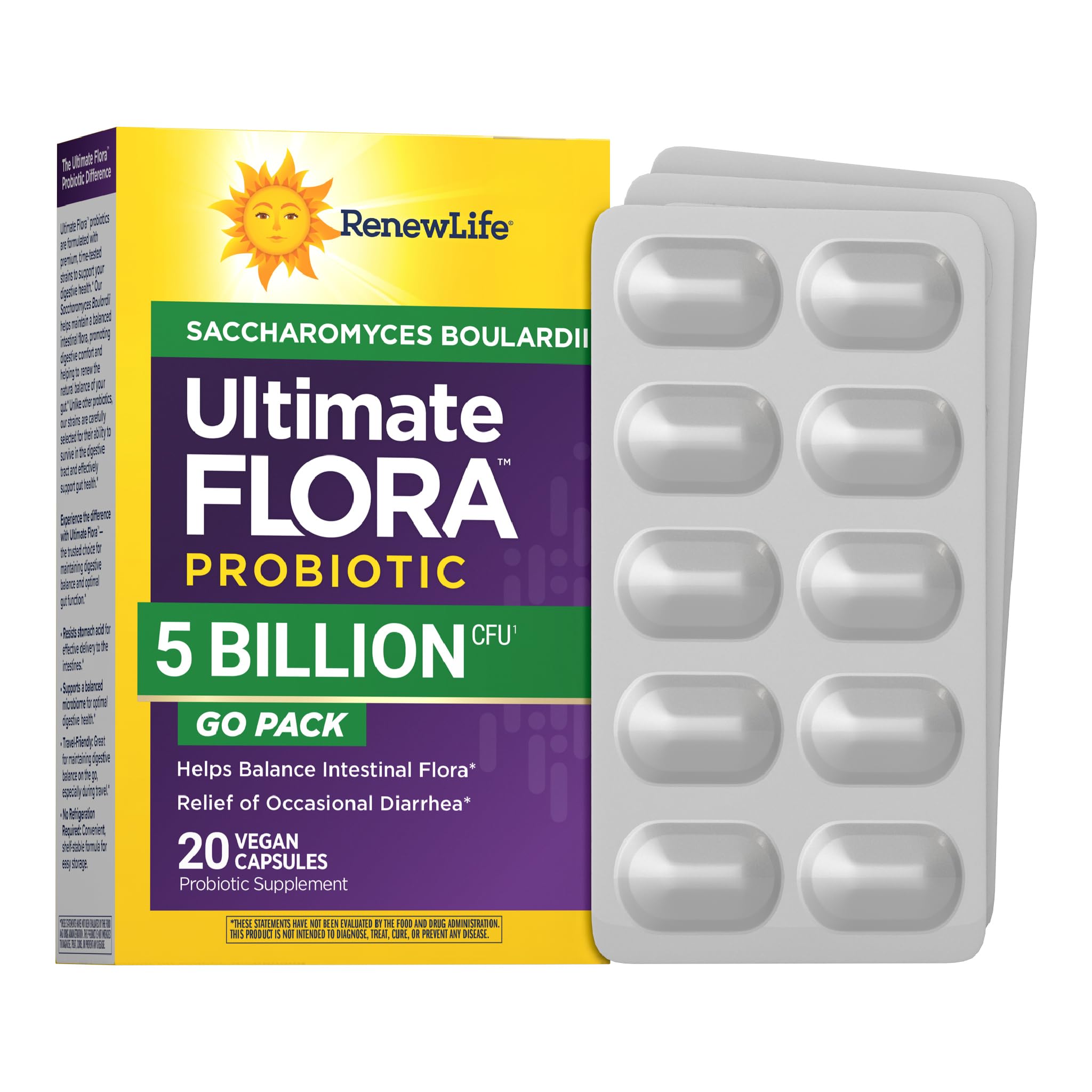 Renew Life Ultimate Flora Saccharomyces Boulardii Probiotics | 5 Billion CFU | 20 Vegan Capsules Go Pack | Helps Balance Intestinal Flora