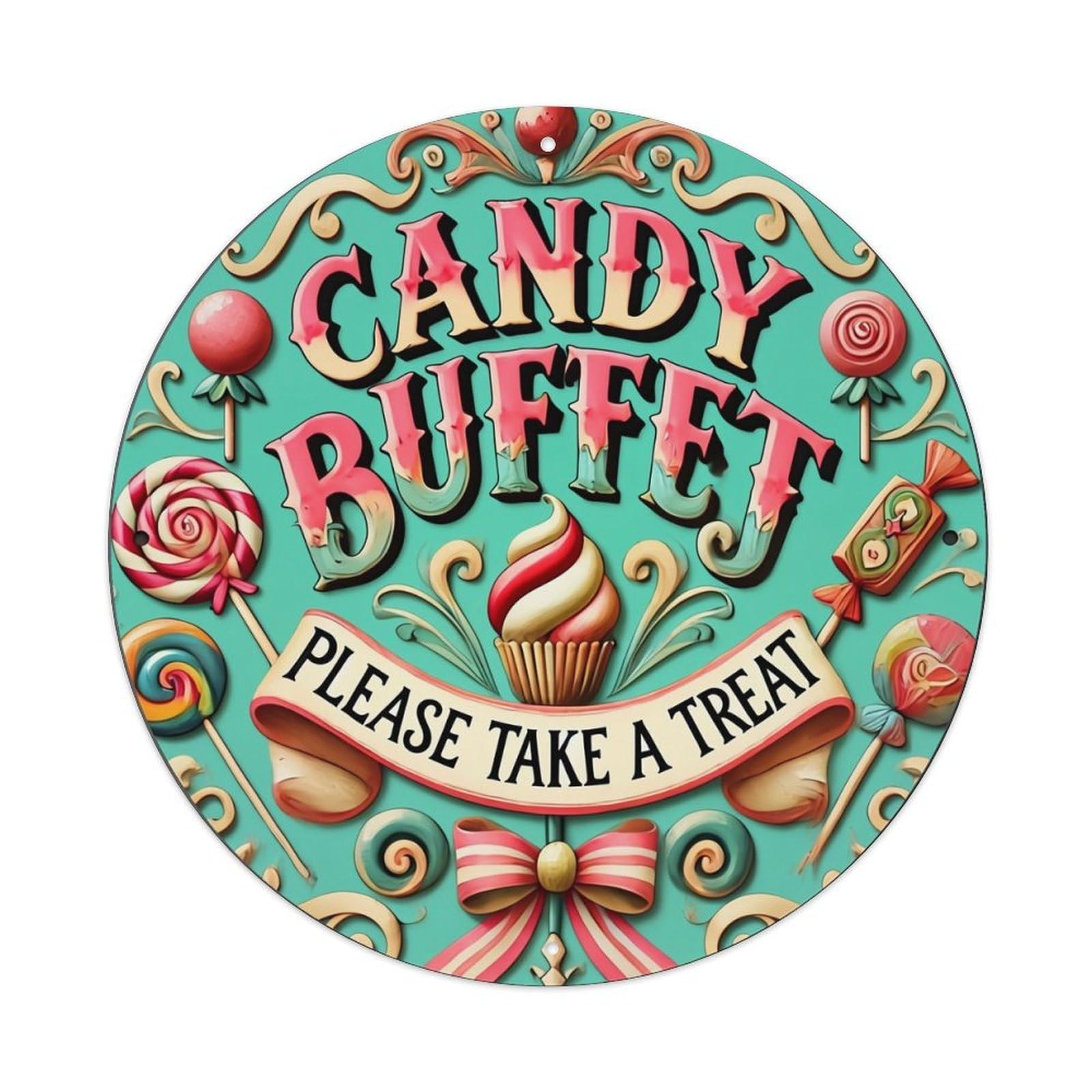 Candy Buffet Treats Sign Pattern Vintage Round Tin Sign Retro Metal Wall Decor Metal Poster, Home Bar Garage Cafe Wall Art Decoration 8x8Inches
