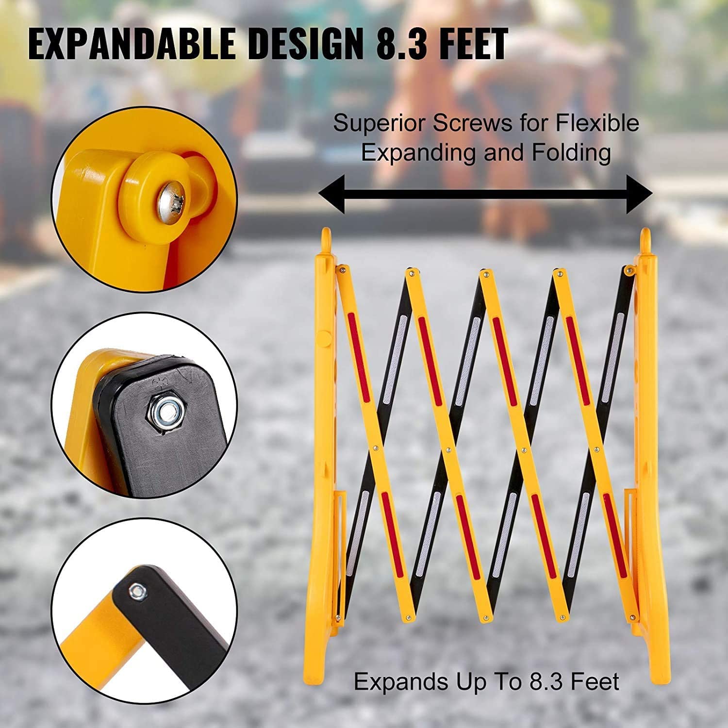 Barricada móvil plegable, valla de tráfico retráctil, extensible hasta 8.3 pies, barreras de seguridad portátiles llenas de agua para seguridad vial, barrera de plástico para exteriores