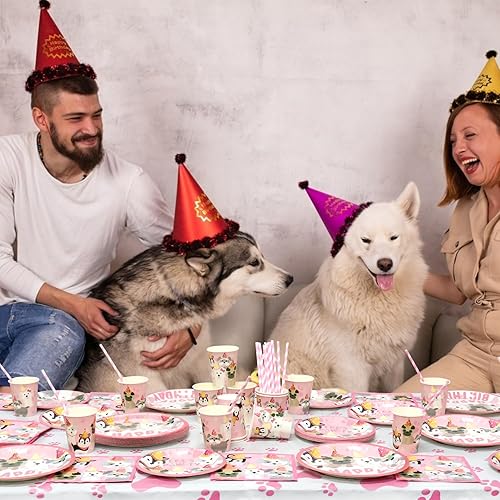 Miniatura 6 de Decoraciones de fiesta de perro, suministros de vajilla de fiesta de cumpleaños con diseño de pata de cachorro rosa, incluye platos llanos de 9