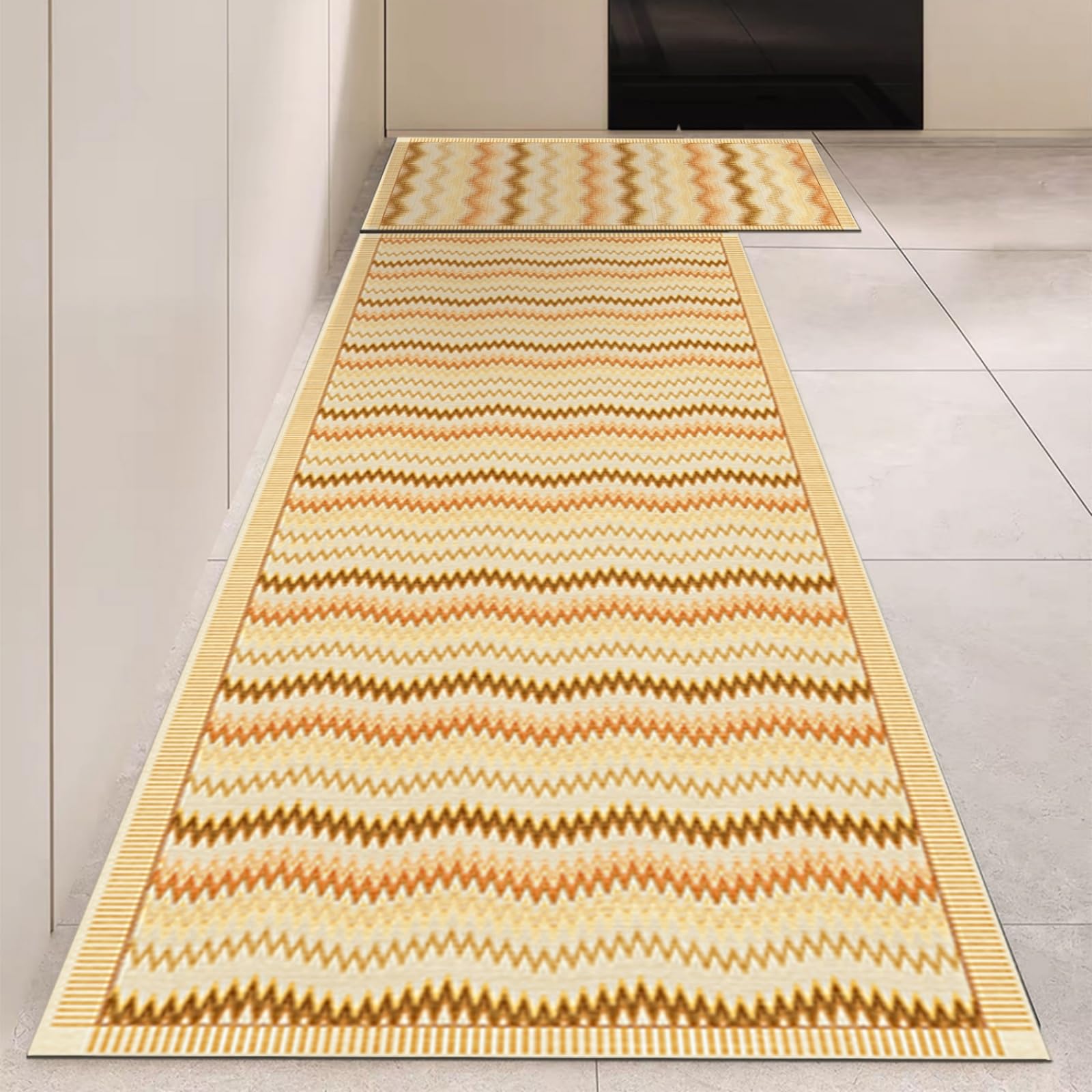 Alfombra cocina de vinilo lavable y antifatiga con diseño de ondulación amarilla