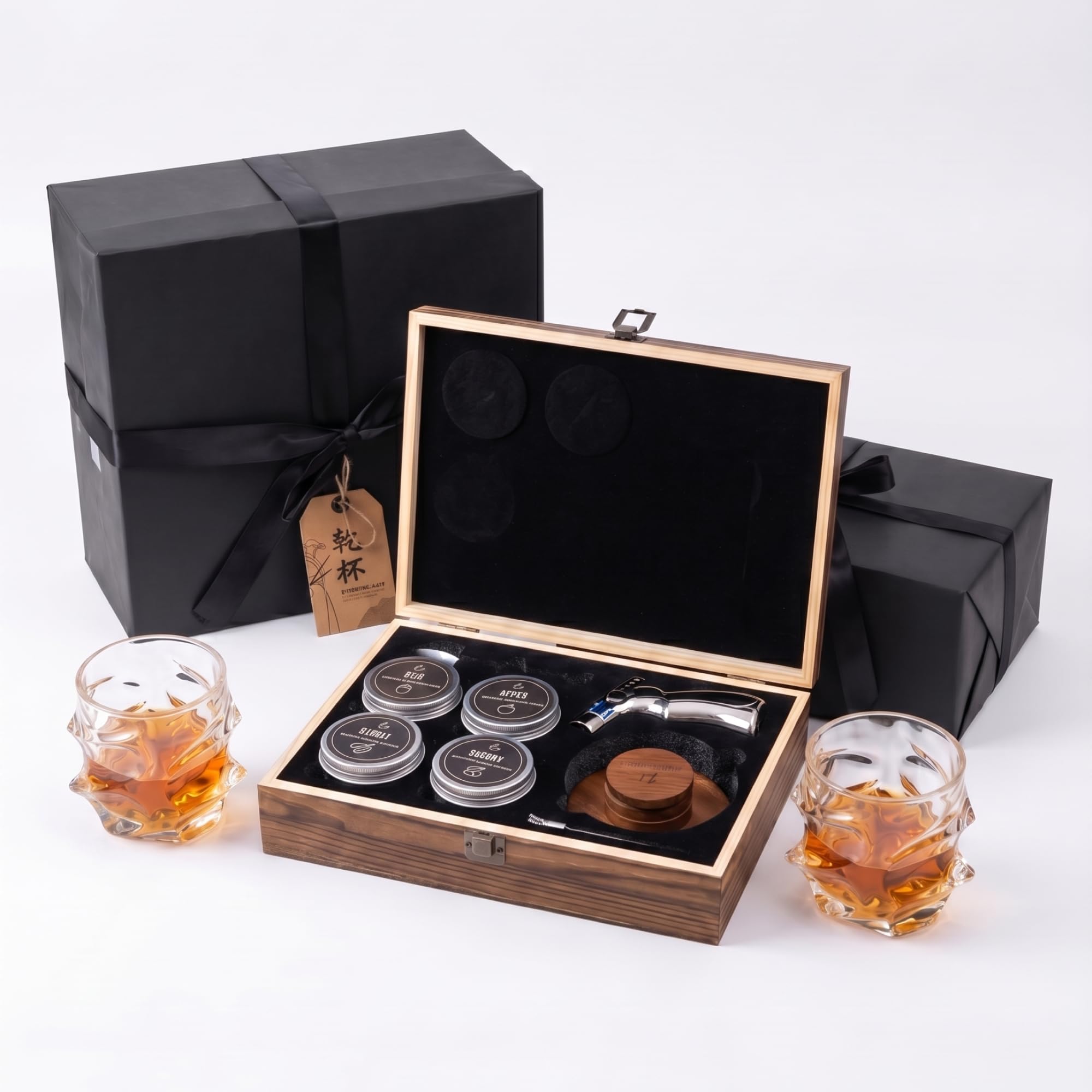 TSUKIGLASS® Premium Whiskey Smoker Kit & Storm Crystal Whiskey Glasses Set of 2 – Cocktail Smoking Kit with Torch, 8 Wood Flavors & Japanese Crystal Old Fashioned Glasses, for Men